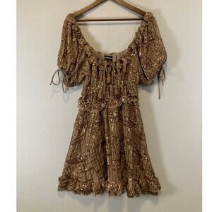 Glam Sequin En Saison Women Small Tan Gold Smocked Puff Sleeve Ruffle Mini Dress